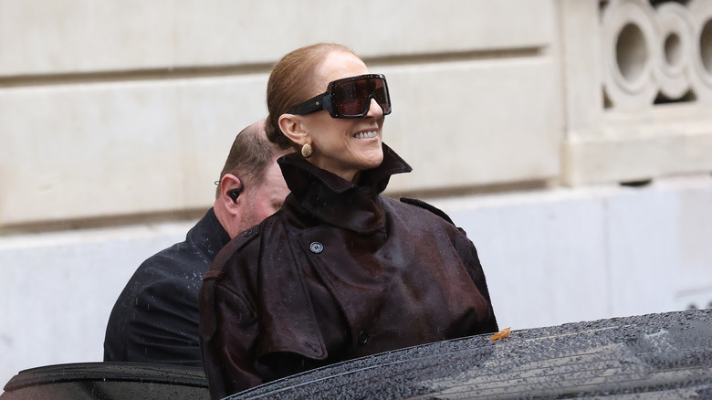 Celine Dion standing on the street in sunglasses and about to get into a car