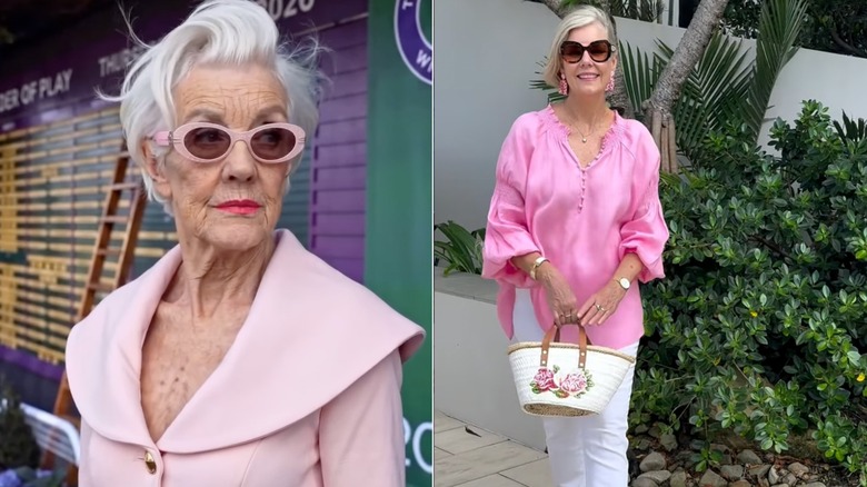 A woman in pink sunglasses and a jacket on Instagram and another woman in a pink shirt and white pants.