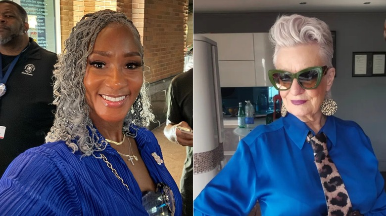 Two women on Instagram with gray hair wearing different styles of cobalt blue.