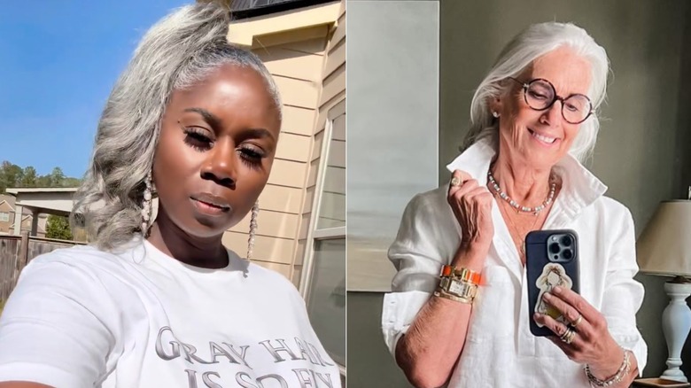 Two women on Instagram with gray hair wearing white shirts.