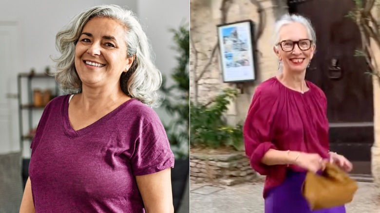 Two women with gray hair in different shades of plum tops