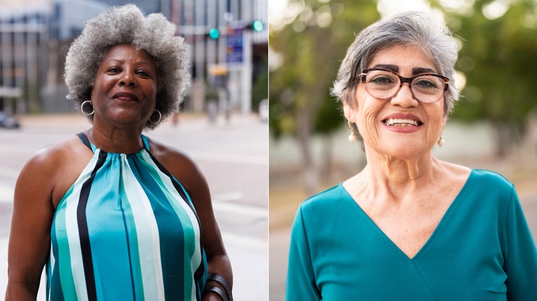 A woman with gray hair wearing a teal sweater on Instagram