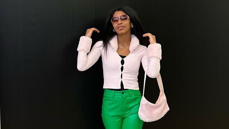Woman colorblocking with neutrals
