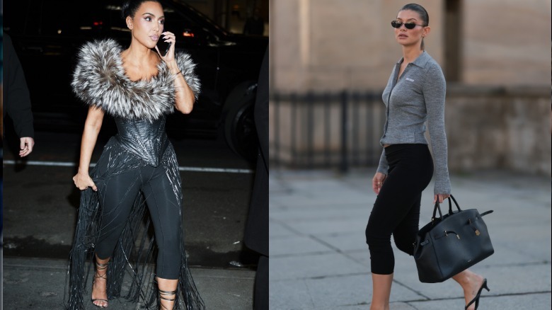 Kim Kardashian wearing black capri pants in 2025, Model wears black culotte pants,