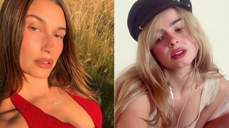 Hailey Bieber and Addison Rae trying the sunburn blush trend, side by side photos