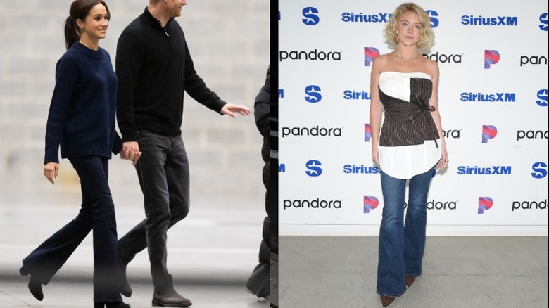 Megan Markle walking while wearing flared jeans, Sydney Sweeney posing in flared jeans