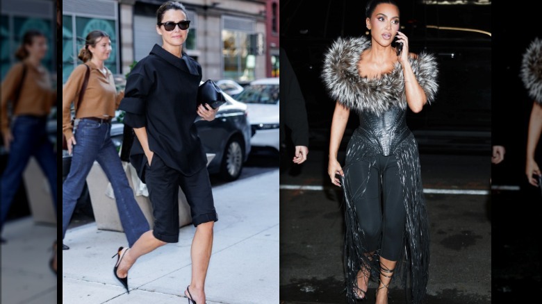 Model wears black culotte pants, Kim Kardashian wearing black capri pants in 2025