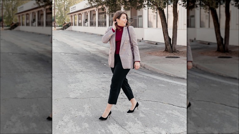 Wearing black court shoes