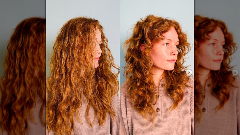 Before-and-after photos of a woman with red hair that has been cut into a shoulder-length shag