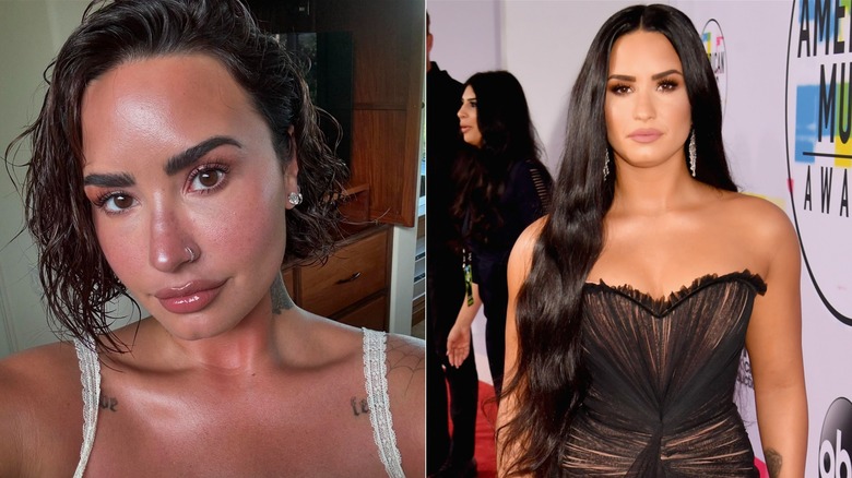 Demi Lovato with short hair and long hair with extensions, side by side photos