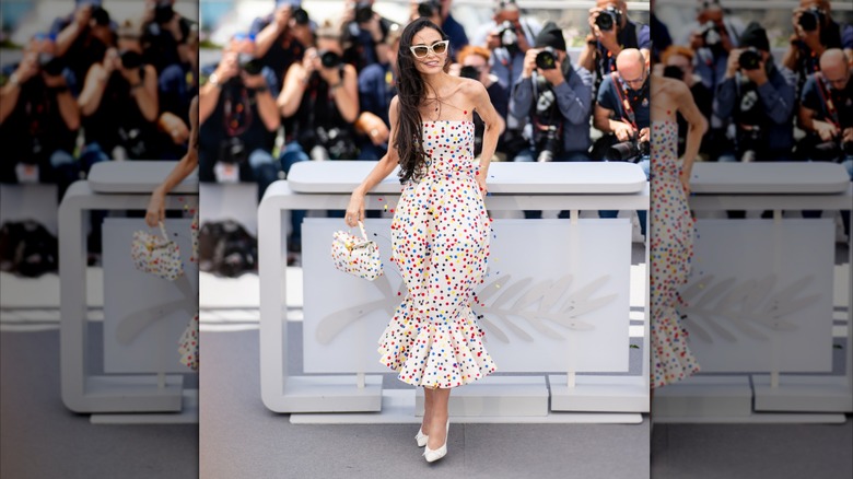 Demi Moore in a polka dot dress with a balloon skirt