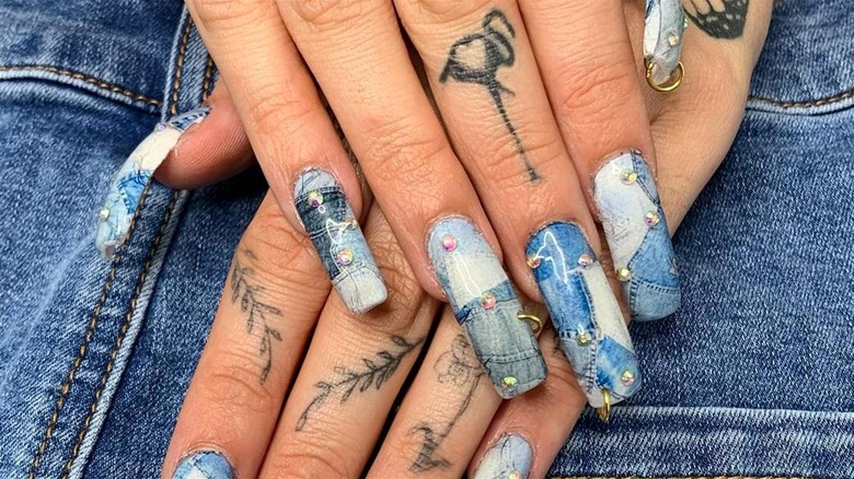 Blue and purple flowers nail tattoos