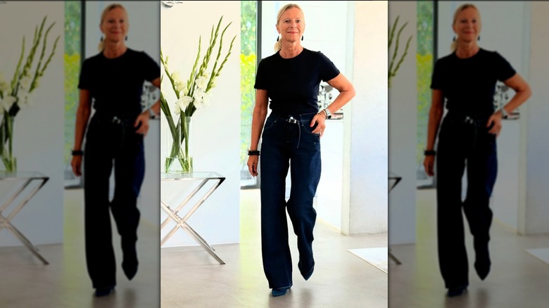 older women in dark blue denim