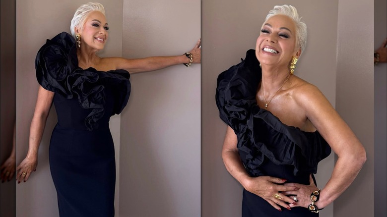 Denise Welch wearing a Rebecca Vallance gown