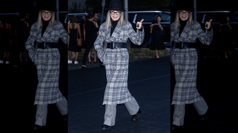 Diane Keaton in a gray plaid jacket