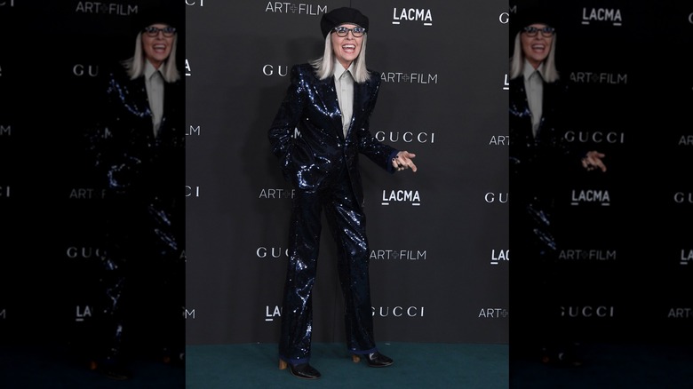 Diane Keaton wearing a sequined blue suit