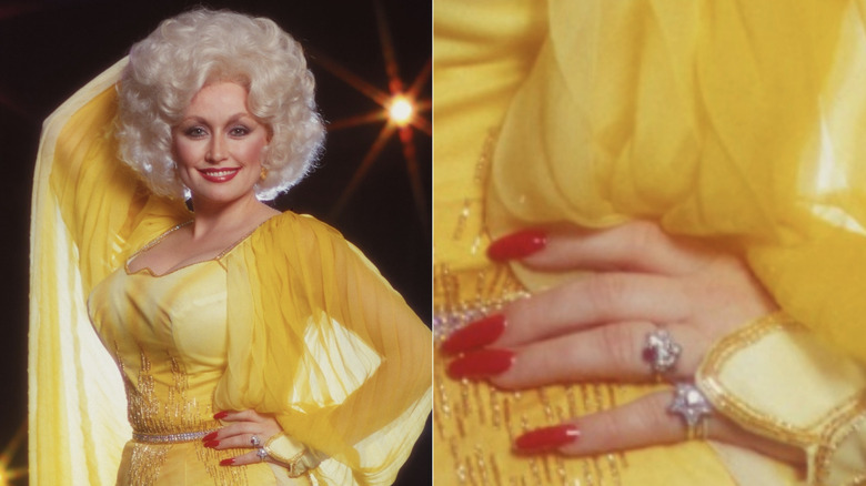Dolly Parton in yellow with red nails