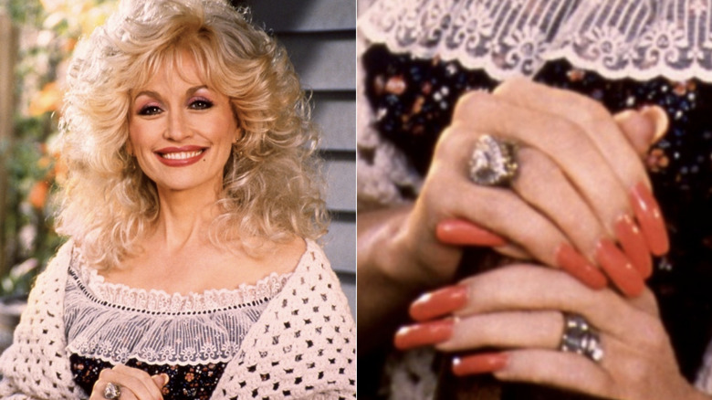 Dolly Parton in a frilly dress with long red nails