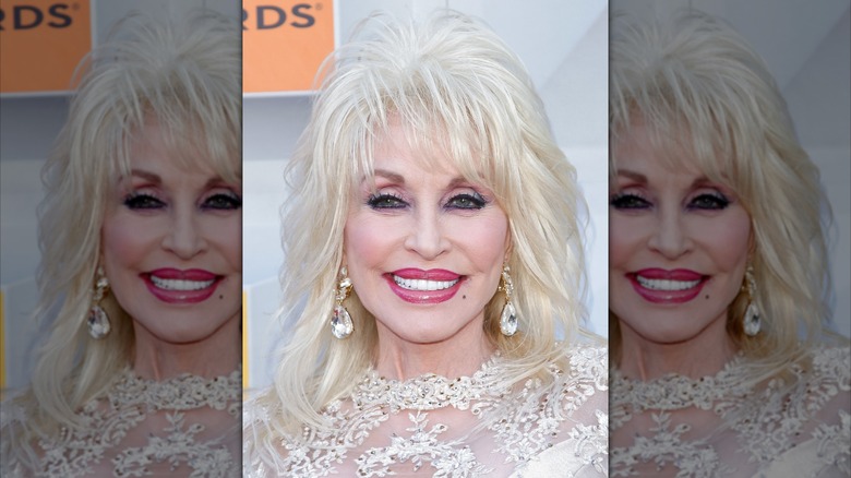 Headshot showing Dolly Parton smiling on the red carpet at the 2016 CMA Awards