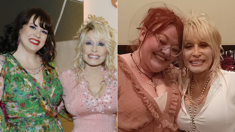 Rebecca Seaver and Jada Star posing with Dolly Parton, side by side photos