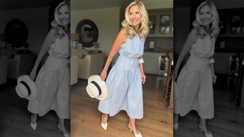 Deborah Sorlie wearing pinstripe A-line dress