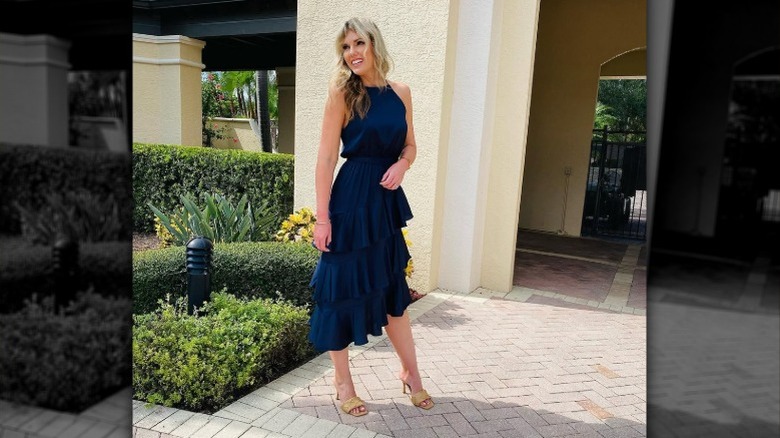 Model Naomi Rothring wearing a halter style dress