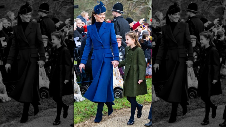 Kate Middleton walking with Princess Charlotte in a coat dress