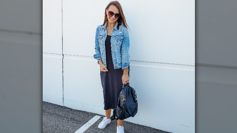 Blue dress with white sneakers