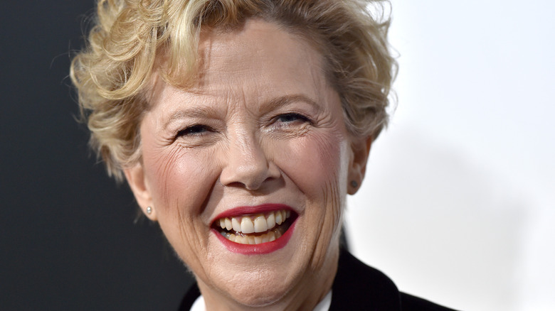 Annette Bening wearing a coral lip and light pink blush