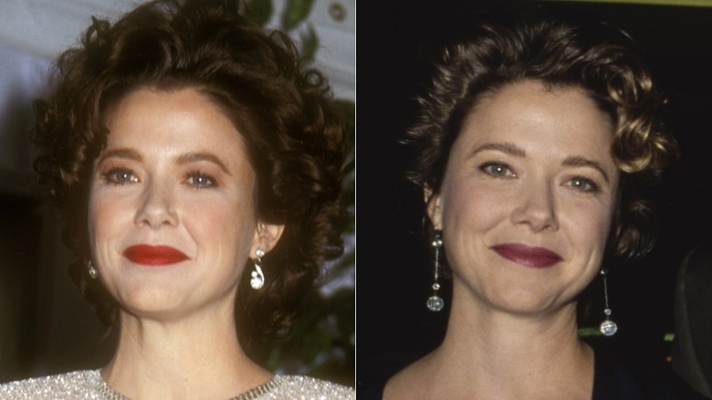 Annette Bening smiling at the 1991 Oscars and at the 1991 Golden Globes, side by side photos