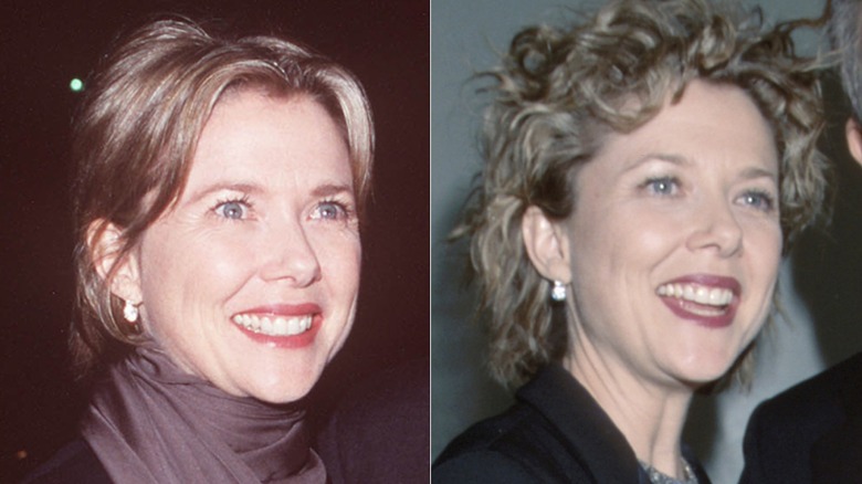 Annette Benning smiling at the 1999 Los Angeles Film Critics Association Awards and the 1999 Golden Globes, side by side photos