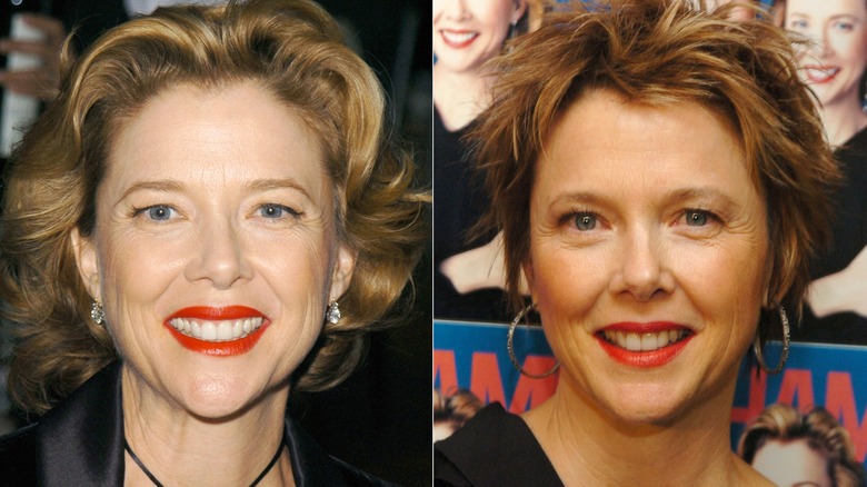 Annette Bening smiling wearing orange makeup at two events in 2004, side by side photos