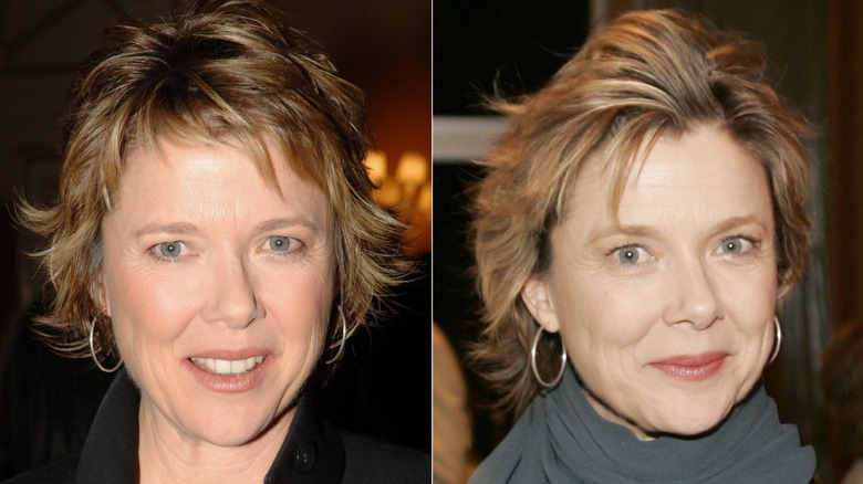 Annette Bening slightly smiling while wearing minimal makeup at two events in 2006, side by side photos