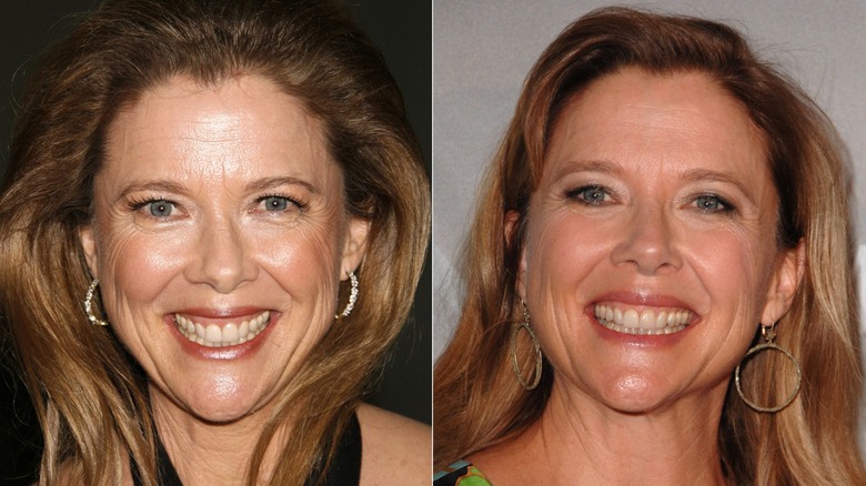 Annette Bening smiling at the American Society of Cinematographers Outstanding Achievement Awards and the Crystal + Lucy Awards in 2008, side by side photos