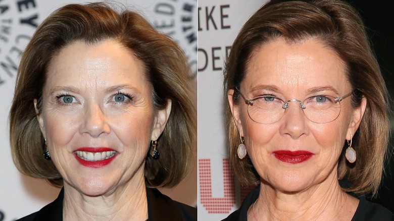 Anette Bening wearing red lipstick on two red carpets in 2014, side by side photos