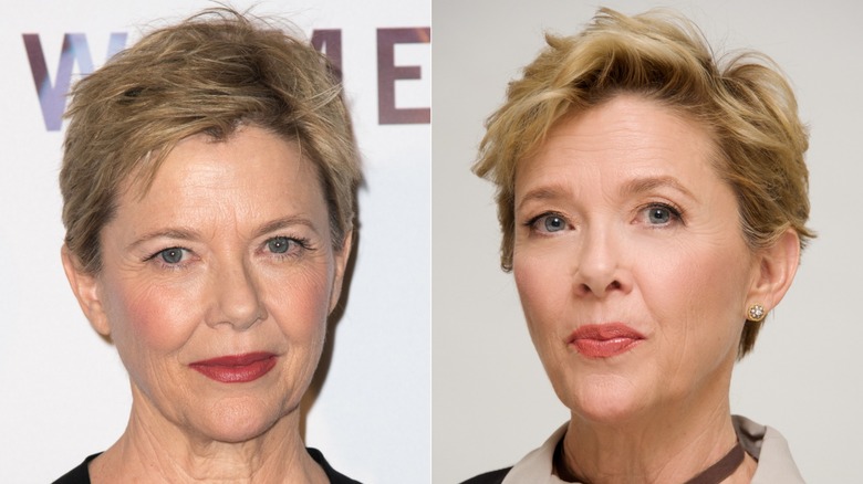Annette Bening at two events in 2016 with a neutral expression and short, blond hair, side by side photos