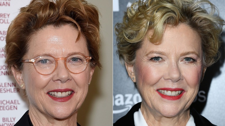 Annette Bening smiling while wearing heavier makeup at two events in 2018, side by side photos