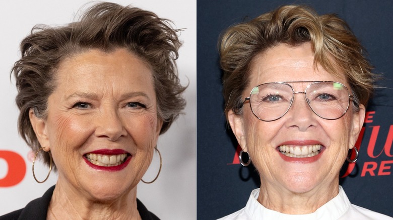 Annette Bening smiling on the red carpet at two events in 2023, side by side photos