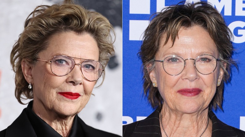 Annette Bening slightly smiling on the red carpet at two events in 2026, side by side photos