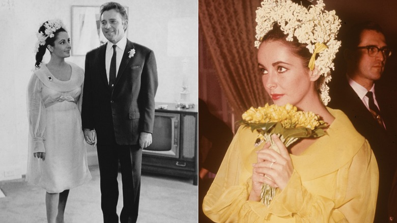 Split image of Elizabeth Taylor wearing a yellow, babydoll dress for her wedding with Richard Burton