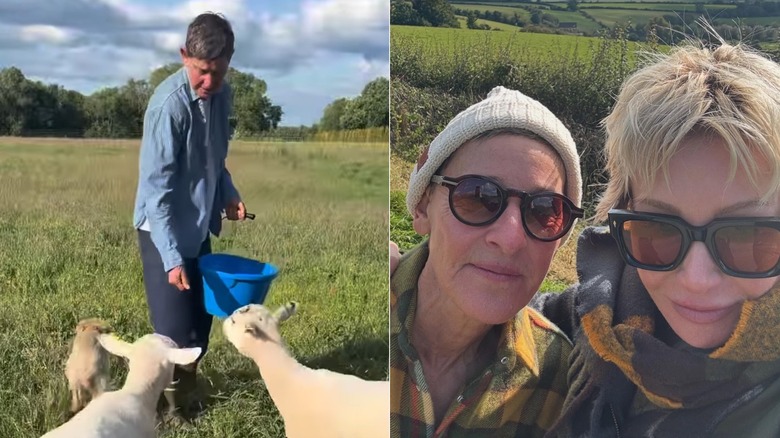 Split image Ellen DeGeneres spending time in the English countryside, including a selfie with her Portia De Rossi