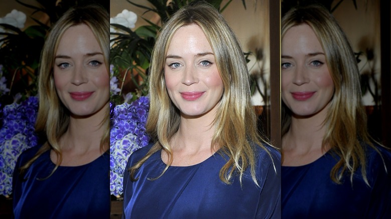 Emily Blunt smiling in a blue top in 2014