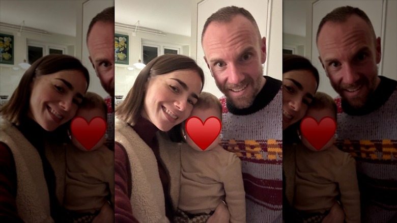 Lily Collins posing with her husband and daughter