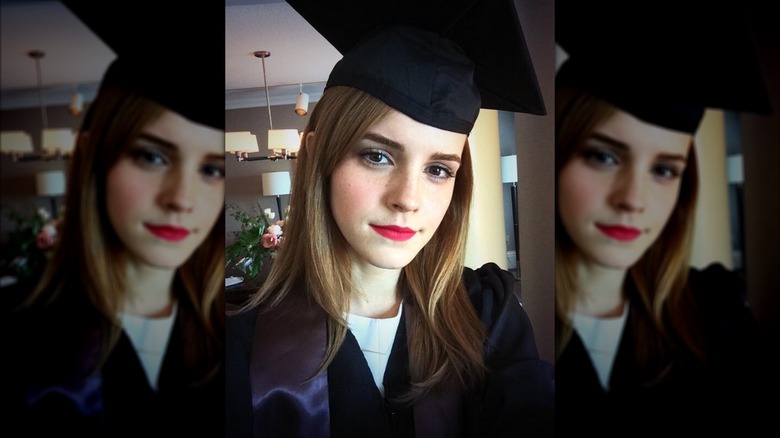 Emma Watson wearing a graduation cap and gown