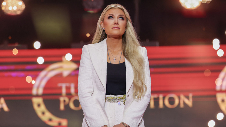 Erika Kirk speaks during the memorial service for her husband, political activist Charlie Kirk, at State Farm Stadium in September 2025