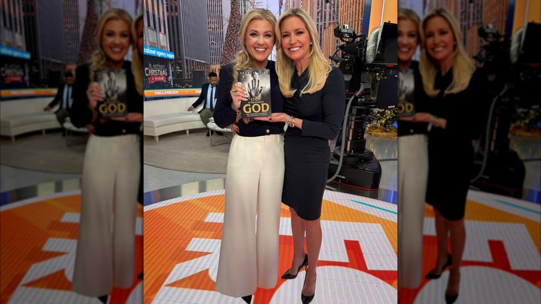 Erika Kirk and Ainsley Earhardt on the Fox News set holding up a book