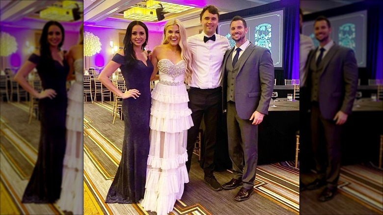 Erika Kirk posing with friends in a wedding dress