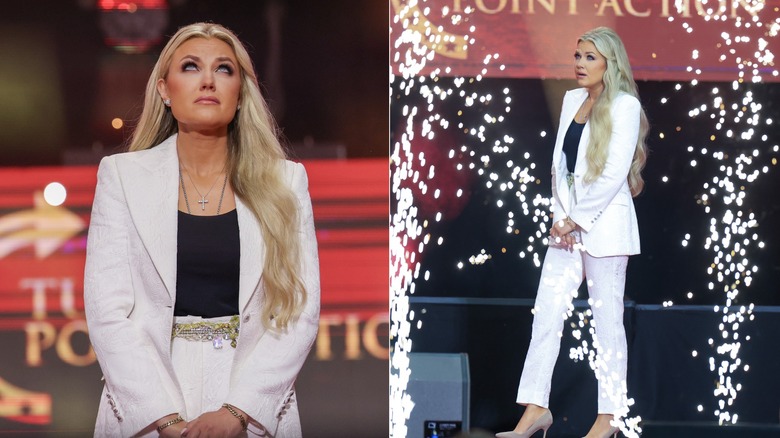 Side-by-side photos of Erika Kirk at Charlie Kirk's memorial service in September 2025