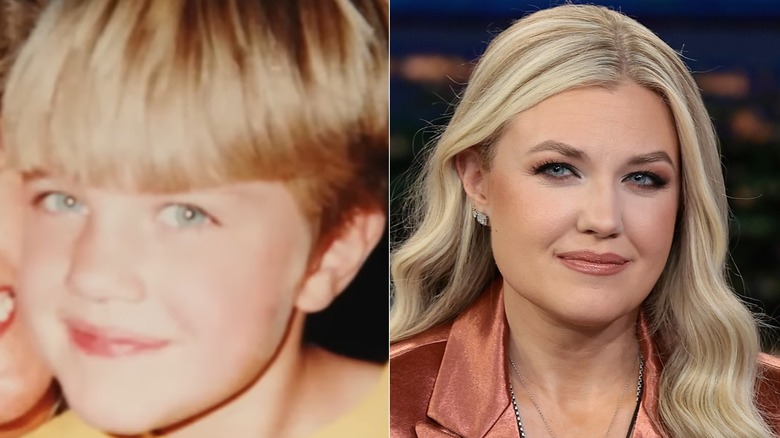 Young Erika Kirk smiling with short hair beside picture of Erika Kirk with long hair