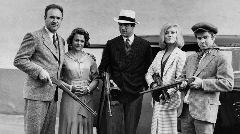 A black-and-white photo showing Estelle Parsons in character with her Bonnie and Clyde co-stars